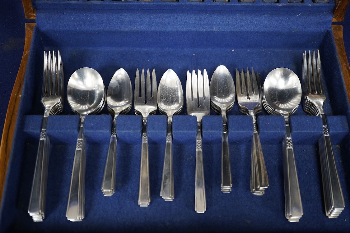 An unusual American Oneida, sixty piece, silver plated Art Deco canteen of cutlery. Condition - good